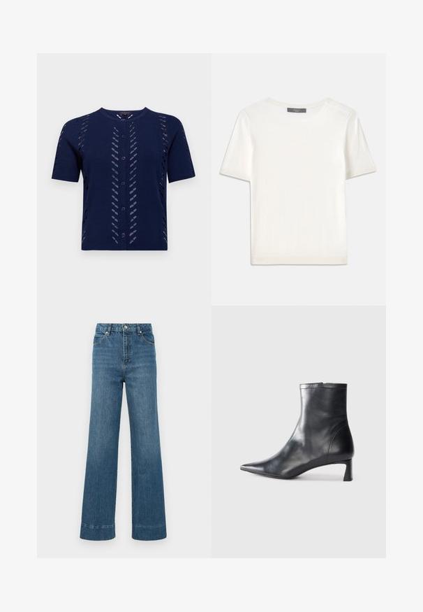 Námornícky pletený kardigán s krátkymi rukávmi, ktorý má výrezy a zapínanie na gombíky. Mäkko tkaná látka s priliehavým strihom.; Biele krátke rukávy pletené tričko s okrúhlym výstrihom, ktoré má jemnú textúru a nenápadné rebrované detaily na rukávoch a leme.; Džínsy s širokými nohavicami sú modré, majú vysoký pás, dizajn s piatimi vreckami a strapcový lem. Tkanina má hladkú textúru s miernym blednutím.; Čierne kožené členkové topánky s špicatou špičkou a elegantným dizajnom. Majú nízky podpätok a zips na zadnej strane. Hladká textúra.