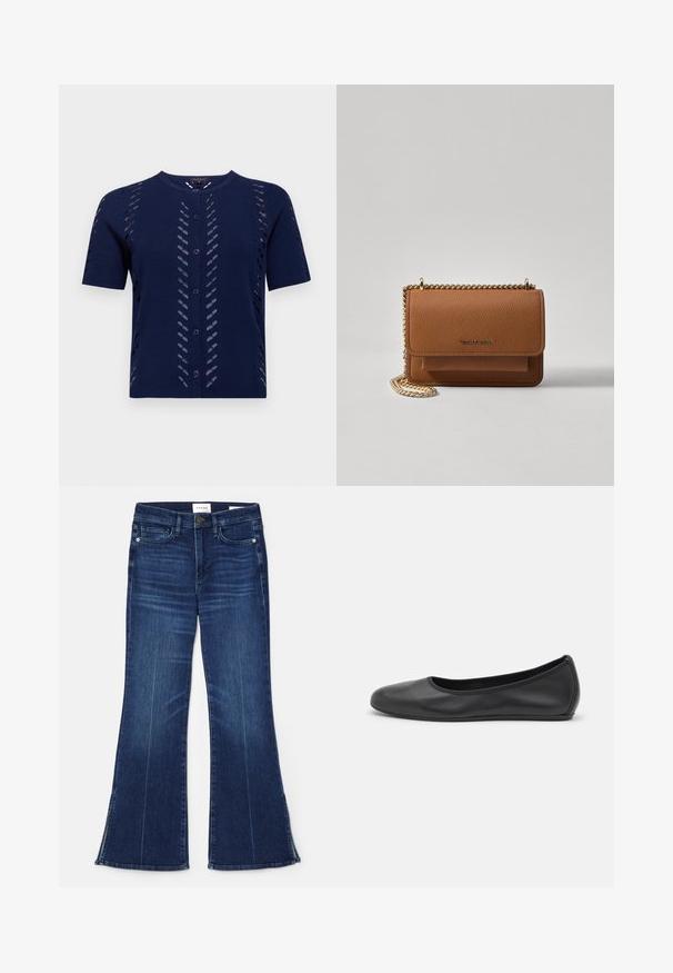 Cardigan a maglia di colore blu navy con maniche corte, caratterizzato da motivi a coste e chiusura frontale con bottoni. Tessuto morbido e texturizzato con una silhouette aderente.; Canotta nera a costine con scollatura rotonda, forma aderente e bordi senza cuciture. Il tessuto è morbido ed elastico. L'etichetta riporta "LAUREN."; Jeans a zampa d'elefante blu scuro in denim. Caratterizzati da una vita alta, tasche anteriori e dettagli con spacco all'orlo. Design classico a cinque tasche.; Pantofole da balletto nere in pelle con punta arrotondata, texture liscia, dettagli di cucitura minimi e design con suola flessibile.; Borsa a tracolla in pelle marrone con texture, dotata di catena dorata e chiusura a pattina. Sul davanti presenta un dettaglio con logo e una tasca sotto la pattina.