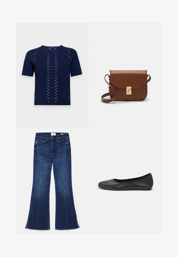 Tamsiai mėlynas megztas kardiganas trumpomis rankovėmis, su išpjovomis ir mygtukų užsegimu priekyje. Minkšta, tekstūruota medžiaga su prigludusia siluetu.; Balta trumpa rankovėmis marškinėliai, pagaminti iš pasiruošusio audinio. Apvali iškirptė, reguliari tinkamumas ir subtilūs siuvimo detalės. Be raštų ar grafikos.; Tamsiai mėlynos flare tipo džinsai, pagaminti iš džinsinio audinio. Su aukštu liemeniu, priekinėmis kišenėmis ir skeltukais hem'e. Klasikinis penkių kišenėlių dizainas.; Juodai odiniai baletai su apvaliu pirštu, lygi texture, minimalus siuvimo detales ir lanksčiu padų dizainu.; Ruda odinė rankinė su uždaromu dangteliu, aukso spalvos detalėmis, petneša ir lygiu paviršiumi. Kompaktiška stačiakampio formos.