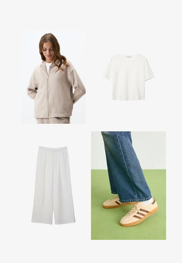 Beżowa bluza z zamkiem błyskawicznym, wykonana z miękkiego polaru. Posiada kaptur ze sznurkiem, długie rękawy i luźny krój. Złote okucie zamka dodaje charakteru.; Biała koszulka z krótkim rękawem, wykonana z bawełny. Posiada okrągły dekolt i luźny krój. Gładka faktura bez widocznych wzorów czy akcentów.; Białe szerokie spodnie wykonane z lekkiego materiału, z elastyczną talią i sznurkiem do regulacji fasonu. Gładka tekstura.; Beżowe sneakersy z fakturowanymi kremowymi panelami i brązowymi paskami, w połączeniu z niebieskimi dżinsami. Dżinsy mają szerokie nogawki i postrzępione wykończenie.
