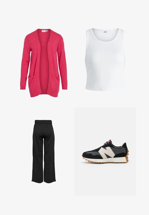 Roze vest van zachte stof, met een open voorkant, lange mouwen en twee steekzakken aan de voorkant. Gladde textuur met geribbelde manchetten.; Witte geribbelde tanktop met een ronde hals, zonder mouwen en een cropped lengte. Label draagt "JJXX." Gladde stoftextuur.; Zwarte, wijde broek met een elastische tailleband, gemaakt van gladde stof. Heeft een strakke uitstraling zonder zakken of zichtbare stikseldetails.; Zwarte en grijze suède sneaker met een groot crèmekleurig "N"-logo, paarse veters en een gestructureerde rubberen zool van gum.