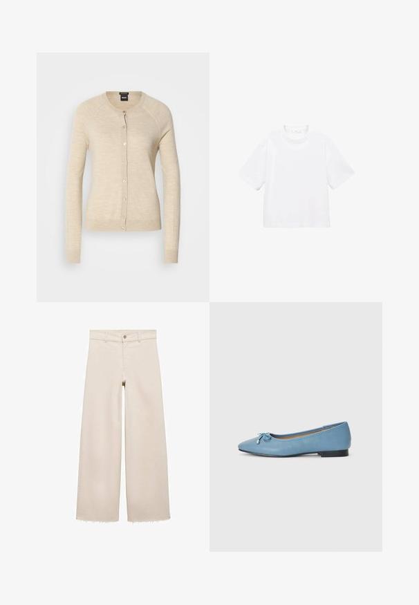 Bež kardigan s dugim rukavima, okruglim izrezom i kopčanjem na gumbiće. Izrađen od mekog materijala s glatkom teksturom i suptilnim sjajem.; Bijela pamučna majica kratkih rukava s okruglim izrezom. Jednostavan dizajn, slobodan kroj, glatka tekstura. Nema vidljivih uzoraka ili akcenta.; Bež traperice širokih nogavica s visokim strukom, s kopčanjem na gumb, prednjim džepovima i strganim rubovima. Izrađene od trapera.; Svijetloplava kožna balerinka s akutnim vrhom, s malim naglašenim mašnom i malim crnim potplatom. Glatka tekstura s detaljima šivanja.