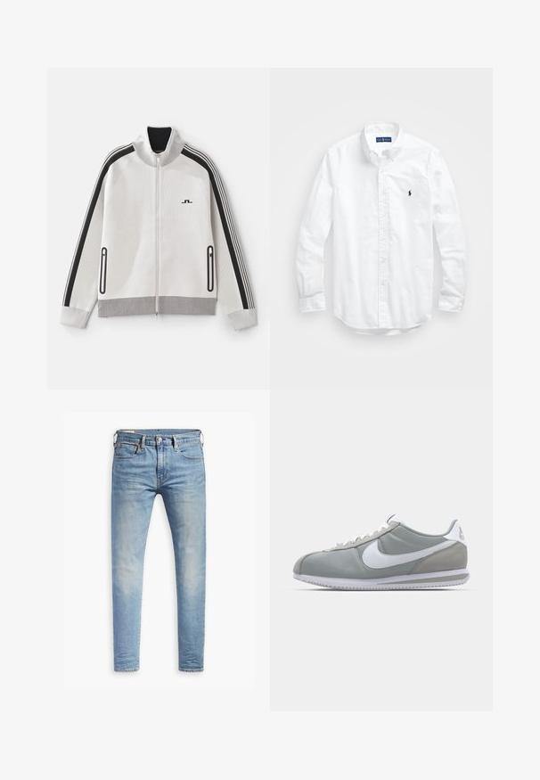 Jasnoszara kurtka zapinana na zamek z czarnymi akcentami. Posiada żebrowany kołnierz, w paski rękawy oraz dwie zapinane na zamek boczne kieszenie; teksturowana tkanina.; Biała, bawełniana koszula z długim rękawem zapinana na guziki. Posiada klasyczny kołnierzyk, mankiety zapinane na guziki oraz małe, granatowe, haftowane logo na klatce piersiowej.; Jasnoniebieskie, dopasowane dżinsy z lekkim przetarciem na udach, z zapięciem na guziki z przodu, pętelkami na pasek oraz pięcioma kieszeniami, na białym tle.; Szare buty sportowe z cholewką z zamszu i tekstyliów, białym logo Nike i białymi sznurówkami. Posiadają teksturowaną gumową podeszwę i wyściełany kołnierz.