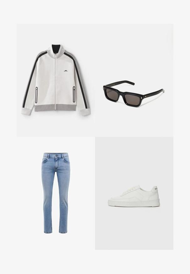 Svetlo šedá zipová bunda s čiernymi akcentmi. Obsahuje rebrovaný golier, pruhové rukávy a dve zipsové bočné vrecká; textúrovaná tkanina.; Biele dlhé rukávy košele so zapínaním na gombíky z bavlny. Má klasický golier, gombíkové manžety a malú tmavomodrú vyšitú logo na hrudi.; Svetlomodré džínsy s úzkym strihom, piatimi vreckami a rovnými nohavicami. Obsahujú zips a pásky na opasok. Mäkká textúra.; Biele kožené tenisky s hladkým povrchom, okrúly špičkový dizajn, ploché šnúrky a textúrovaná podrážka. Obsahujú jemné logo na päte.; Čierne obdĺžnikové slnečné okuliare s tmavými sklami, hrubým plastovým rámom, zlatými detailami na spánkoch a vygravírovaným logom značky na ramene.