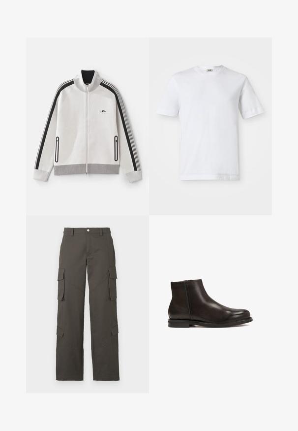 Světle šedá zipová bunda s černými akcenty. Obsahuje žebrovaný límec, pruhované rukávy a dvě boční kapsy na zip; texturovaná látka.; Bílá bavlněná tričko s krátkým rukávem, kulatým výstřihem a hladkou texturou. Žádné vzory ani akcenty nejsou viditelné.; Tmavě šedé cargo kalhoty rovného střihu s zapínáním na knoflík a čtyřmi klopovými kapsami, dvě na stehnech a dvě poblíž lýtek.; Černá kožená kotníková bota s hladkým povrchem, zaoblenou špičkou a nízkým podpatkem. Obsahuje boční zip pro snadné obouvání.