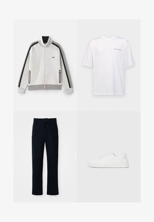 Gaišpelēkā jaku ar melniem akcentiem. Satur ribotu apkakli, svītrotas piedurknes un divas ar rāvējslēdzējiem aizveramas sānu kabatas; teksturēts audums.; Baltas īsām piedurknēm T-kreklis no kokvilnas ar V veida kakla izgriezumu, uz kura kreisajā pusē ir melns "FILLING PIECES" logo.; Kokvilnas tumši zilas bikses ar taisnu kāju dizainu, priekšējo pogu aizdari un klasisku jostasvietu ar jostas cilpiņām.; Baltas sporta apavi ar gludu ādas virsu, noapaļotu purngalu, auklām, teksturētām sānu akcentiem un biezu gumijas zoli. Minimālists dizains.