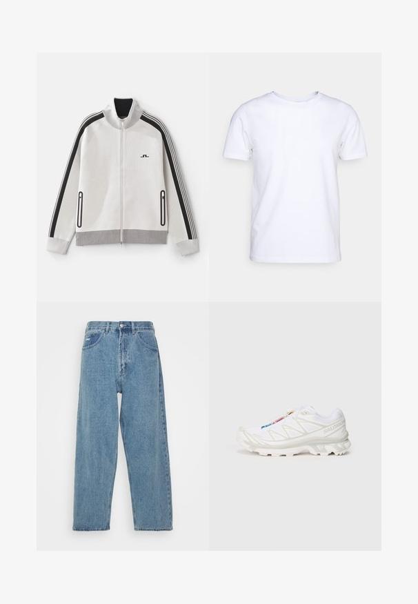 Jachetă zip-up gri deschis cu accente negre. Dispoziție cu guler ribat, mâneci cu dungi și două buzunare laterale cu fermoar; material texturat.; Tricou alb cu mânecă scurtă din material de bumbac, cu guler rotund. Design simplu, fără tipare sau accente. Textură netedă.; Jeans din denim de un albastru deschis, cu talie înaltă și o croială relaxată, având două buzunare frontale, un buzunar pe spate și închidere cu nasture.; Pantofiori atletici albi cu superior din plasă texturată, accente reflective și talpă amortizată. Logo-ul notabil al brandului pe lateral.