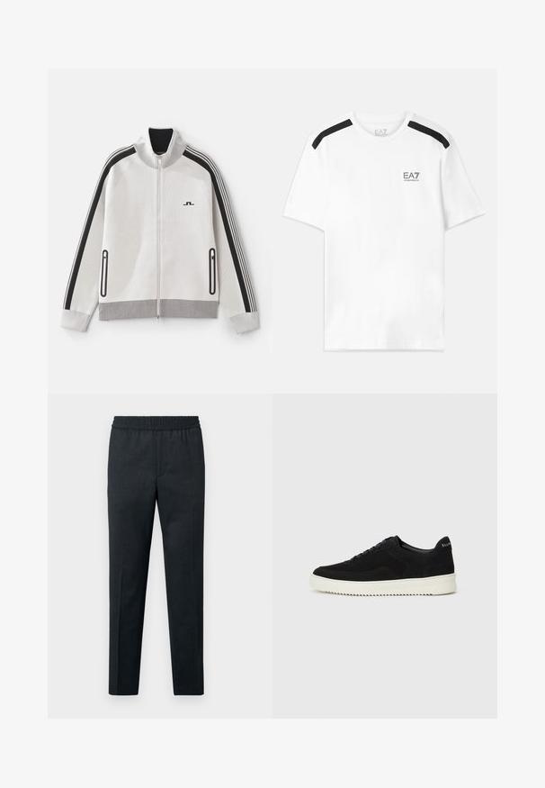 Šviesiai pilkas zip-up švarkas su juodomis detalėmis. Yra krakmolai, dryžuoti rankovės ir dvi užtrauktukais uždaromos šoninės kišenės; tekstūruota medžiaga.; Balta trumpomis rankovėmis marškinėliai su juodais akcentais ant pečių. Ant krūtinės yra mažas juodas logotipas. Pagaminti iš minkštos, lygaus audinio.; Tamsiai pilkos kelnės su elastiniu juosmeniu, tiesios kojų siūlės, minkšta tekstūra, be matomų kišenių ar raštų.; Juodos veliūrinės sportinės bateliai su raištelių dizainu ir kontrastinga balta gumine padais. Yra tekstūruoti šoniniai skydeliai ir subtilus logotipas ant kulno.