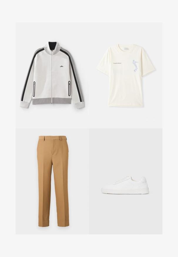 Világosszürke zipzáras kabát fekete részletekkel. Bordázott gallérral, csíkozott ujjakkal és két cipzáras oldalzsebbel rendelkezik; textúrált anyag.; Fehér pamut póló rövid ujjakkal, az „Egy ritmus által összekapcsolva” felirattal fekete és kék grafikával a mellkason. Kerek nyakú kialakítás.; Vékony, szőtt anyagból készült bézs szövetnadrág, amely egyenes szabású, sima elülső résszel és övpántokkal rendelkezik. Sima textúrával rendelkezik, látható minták nélkül.; Fehér sneaker sima bőr felsőrésszel, lekerekített orral, fűzőkkel, texturált oldalsó díszítésekkel és vastag gumitalppal. Minimalista dizájn.