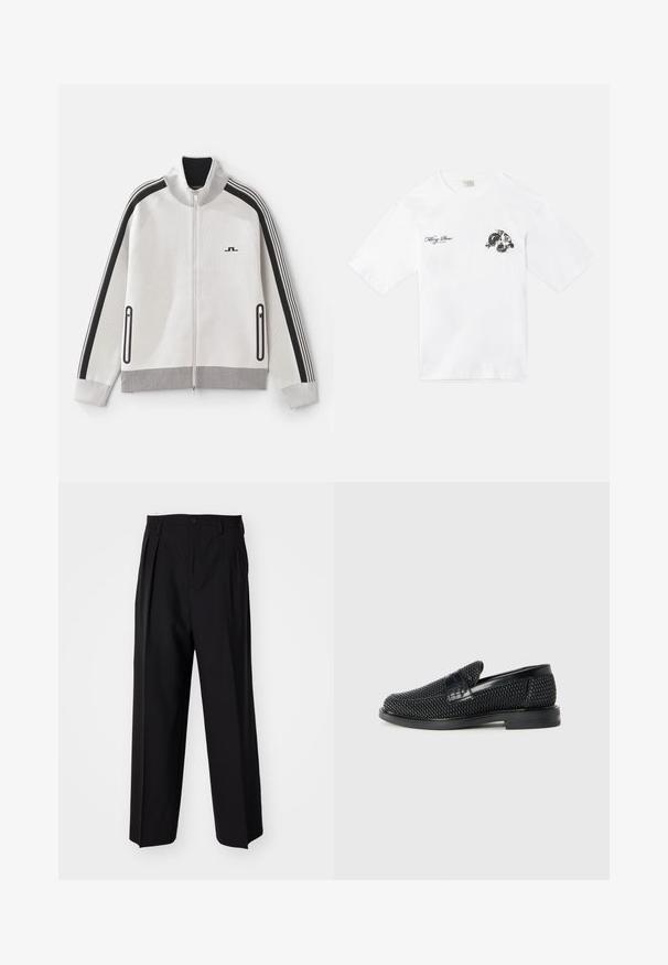Svetlo šedá zipová bunda s čiernymi akcentmi. Obsahuje rebrovaný golier, pruhové rukávy a dve zipsové bočné vrecká; textúrovaná tkanina.; Biela bavlnená tričko s grafickým dizajnom na ľavej strane hrudníka. Krátke rukávy, okrúhly výstrih a voľný strih.; Čierne skladané nohavice s rovnom, širokým strihom. Vyrobené z hladkého materiálu, s gombíkovým zapínaním a pútkami na opasok.; Čierne tkané slip-on topánky s hladkým koženým akcentom na vrchnej časti, s okrúlym dizajnom špičky a nízkoprofilovou gumovou podrážkou.