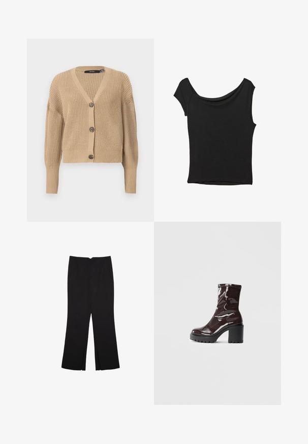 Beige strikket cardigan med V-hals, oversized ærmer og fem knapper ned langs fronten. Har ribbede manchetter og et struktureret stof.; Sort kortærmet top lavet af glat stof; har en draperet halsudskæring og en asymmetrisk kant, med en tætsiddende pasform.; Sorte bukser med lige pasform, der har frontlommer og slidser i kanten. Lavet af blødt, glat stof. Velegnet til forskellige anledninger.; Glatte burgunder ankelstøvler med en chunky sort hæl, der har en glat tekstur og et simpelt design. Ingen synlige lukninger eller mønstre.
