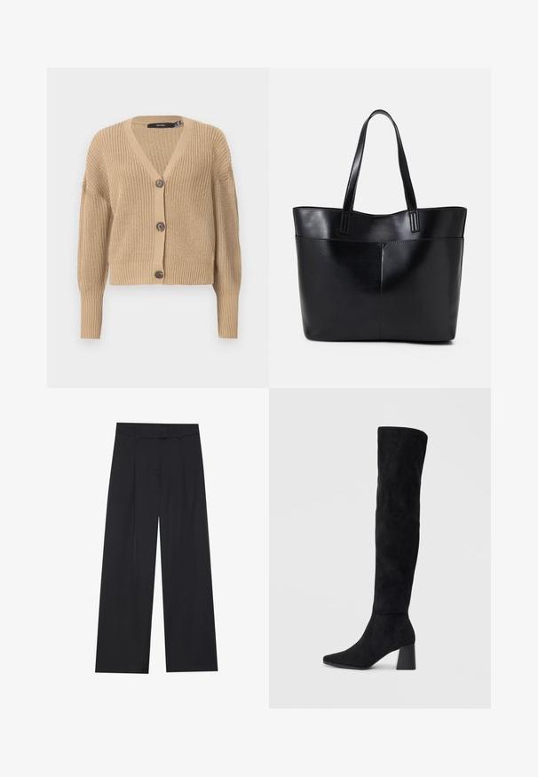 Beiger Strickcardigan mit V-Ausschnitt, oversized Ärmeln und fünf Knöpfen auf der Vorderseite. Verfügt über gerippte Bündchen und einen strukturierten Stoff.; Schwarz langärmliges Oberteil mit ausgestellt geschnittenen Bündchen, weicher Textur und entspannter Passform, mit einem schlichten runden Halsausschnitt.; Schwarze weit geschnittene Hosen mit glatter Textur, ausgestattet mit zwei vorderen Falten, einem Bund und ohne sichtbare Hardware oder Taschen.; Schwarze Wildleder-Stiefel bis zum Knie mit Blockabsatz, spitzer Zehe und glattem, nahtlosem Design auf einem schlichten, hellen Hintergrund.; Schwarze Leder-Shopper-Tasche mit zwei langen Griffen, einer glatten Textur und einer strukturierten Form. Verfügt über eine Vordertasche für zusätzlichen Stauraum.