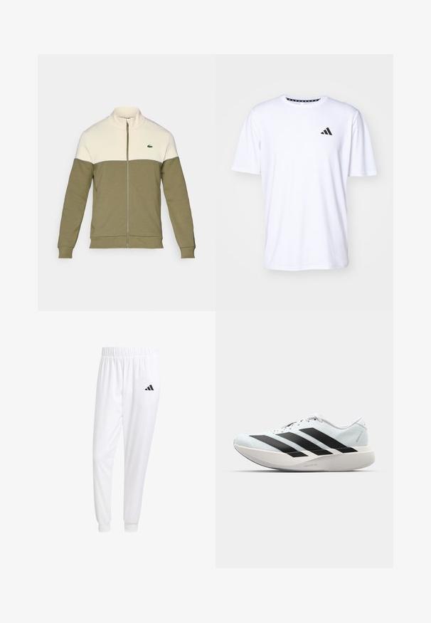 Olive spalvos zip-up striukė su balta viršutine dalimi, pagaminta iš minkštos medžiagos. Turi stovinčią apykaklę ir mažą siuvinėtą logotipą krūtinėje.; Balta trumpa rankovėmis marškinėliai pagaminti iš lygaus audinio. Ant kairės krūtinės yra juodas adidas logotipas ir raštuota apykaklė.; Balti sportiniai keliaraiščiai, pagaminti iš lygios medžiagos, su elastinga liemene ir priglundančiais rankogaliais, ant galinio kišenės yra juodas logotipas.; Lengvi bėgimo batai šviesiai mėlynos spalvos su juodomis juostelėmis. Yra lygus viršus, apvalus pirštas ir storas baltas vidpadis su užrašu "LIGHTSTRIKE PRO."