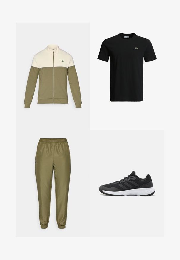 Ελαιοπράσινη ζακέτα με φερμουάρ και λευκό άνω πάνελ, κατασκευασμένη από μαλακό ύφασμα. Διαθέτει όρθιο γιακά και ένα μικρό κεντητό λογότυπο στο στήθος.; Μαύρη βαμβακερή μπλούζα με στρογγυλή λαιμόκοψη, κοντά μανίκια και μικρό πράσινο λογότυπο κροκοδείλου στο αριστερό στήθος. Λείος υφασμάτινος χαρακτήρας, χαλαρός σχεδιασμός.; Ελαιοπράσινα jogger παντελόνια με ελαστική μέση, στενά μπατζάκια και μια μικρή λεπτομέρεια λογότυπου. Φτιαγμένα από λείο, ελαφρύ ύφασμα.; Μαύρο αθλητικό παπούτσι με υφασμάτινη επιφάνεια, τρεις οριζόντιες ρίγες και λευκή σόλα με μοτίβο. Ελαφρύ και μοντέρνο σχέδιο.