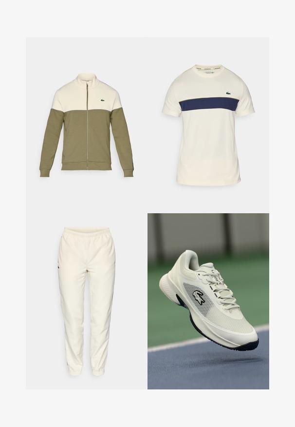 Olive zaļš zipa džemperis ar baltu augšējo paneļi, izgatavots no mīksta auduma. Iezīmēts ar stāvu apkakli un mazu izšūtu logotipu uz krūšu daļas.; Kādam un jūras zila Lacoste t-kreklu ar apļveida kakla izgriezumu, īsām piedurknēm un horizontālu krāsu bloku. Iezīmēts ar zaļu krokodila logo.; Krēma krāsas sporta bikses ar elastīgu jostu, sašaurinātiem diegiem un mazu tumši zaļu logotipu kreisajā pusē. Gluda, viegla auduma.; Balti sporta apavi ar sieta materiāla augšpusi, melniem akcentiem, teksturētu zoli un izteiktu logo sānos, attēloti pret sporta laukuma fonu.