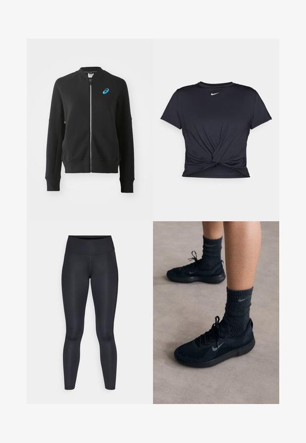 ASICS MATCH CAPSULE JACKET - Sweatjakke - performance black; Sort atletisk t-shirt lavet af glat stof, med et knyttet frontdesign og et lille hvidt Nike-logo på brystet.; Sorte leggings lavet af glat, strækbart stof. Høj talje uden synlige mønstre eller accenter. Sidder tæt fra talje til ankler.; Sorte Nike sneakers med en tekstureret strikoverdel, featuring et gråt swoosh-logo, parret med mørke ribbede sokker. Flad gummisål.