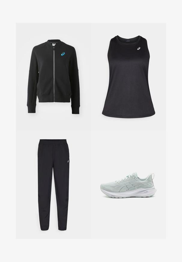ASICS MATCH CAPSULE JACKET - Zip-up sweatshirt - performance black; Black athletic tank top made of lightweight, breathable fabric. Features a round neckline and a subtle logo on the upper left side.; Black sports pants featuring an elastic waistband, tapered legs with cuffs, made of a lightweight, smooth material, and a small logo on the thigh.; Light blue running shoe with a breathable mesh upper, subtle patterns, white midsole, and a textured rubber outsole. Features a lace-up design.