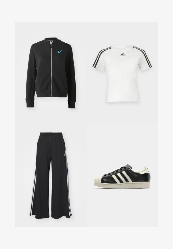 ASICS MATCH CAPSULE JACKET - Sudadera con cremallera - performance black; Camiseta atlética de manga corta blanca con diseño de tres rayas negras en los hombros, textura suave y un pequeño logo de adidas en negro en el pecho.; Pantalones de chándal negros de pierna ancha con una cinturilla elástica, que presentan franjas blancas a los lados y un logo bordado en el muslo izquierdo.; Zapatilla de cuero negro con rayas blancas, puntera de goma, cordones negros y suela color crema. Textura suave con acabado brillante.