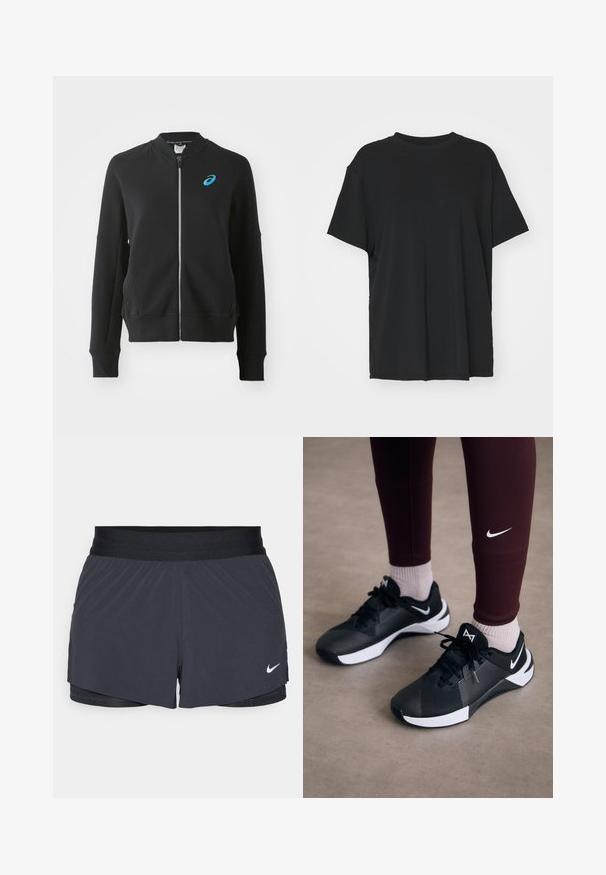 ASICS MATCH CAPSULE JACKET - Športna jopa s kapuco na zadrgo - performance black; Črna kratka majica s kratkimi rokavi, izdelana iz gladkega materiala, s kroјnim ovratnikom in prostim krojem. Ima stranske razpoke za dodatno udobje in zračnost.; Črne atletske kratke hlače z elastičnim pasom, ki imajo plastičen dizajn in majhen bel Nike logotip na spodnji levi strani. Lahkoten material.; Črne športne čevlje z teksturirano zgornjimi deli in belimi akcenti, vključno z vezalkami in logotipom na strani. Oblečene z maroon legicami in svetlimi nogavicami.