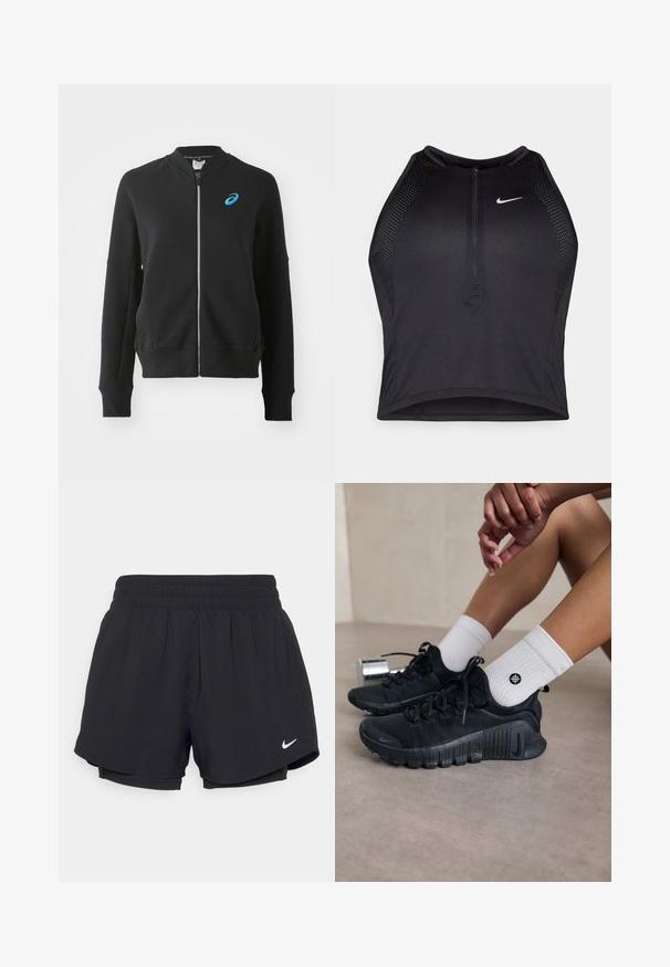 ASICS MATCH CAPSULE JACKET - Sweat zippé - performance black; Crop top sportif noir avec fermeture éclair à l'avant, accents en mesh et design ajusté. Fabriqué en tissu extensible et respirant. Logo Nike à l'avant.; Shorts de sport noirs avec un waistband élastique froncé, doublure intérieure et logo Nike blanc sur le bas à gauche. Tissu lisse et léger.; Chaussures de sport noires en tissu texturé, avec un design à lacets et une semelle proéminente, accompagnées de chaussettes blanches à côtes arborant un petit logo.