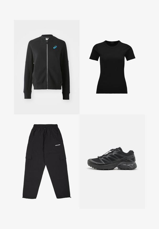 ASICS - Bluza rozpinana; Czarny, prążkowany t-shirt z krótkim rękawem i okrągłym dekoltem. Materiał jest gładki i elastyczny, zaprojektowany z myślą o dopasowanym kroju.; Pegador - Spodnie treningowe; Czarny but biegowy z siateczkowym i syntetycznym wierzchem, elastyczną podeszwą oraz elastycznymi sznurówkami. Oferuje amortyzującą podeszwę środkową dla komfortu.