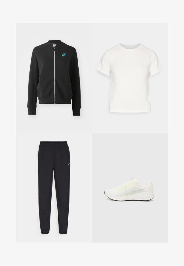 ASICS MATCH CAPSULE JACKET - Cipzáras pulóver - performance black; Könnyű fehér póló rövid ujjakkal, kerek nyakkal és egy apró logóval a bal felső sarkában. Simasága és enyhe fényessége van.; Fekete sportnadrág rugalmas derékkal, keskenyedő lábszárral és összehúzással, könnyű, sima anyagból készült, kis logóval a combon.; Nike Performance DOWNSHIFTER 13 - Utcai futócipők - sail/silver-coloured photon dust/summit white/barely volt/black