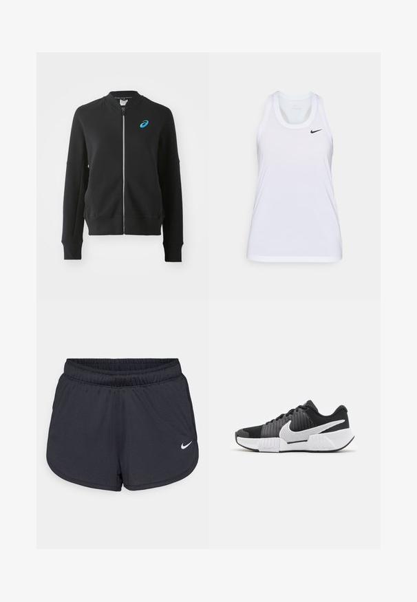 ASICS MATCH CAPSULE JACKET - Športna jopa s kapuco na zadrgo - performance black; Bela brezrokavna športna majica iz lahkega materiala. Ima okroglo vratno izreza in majhen črn logotip Nike na prsih.; Črne športne hlače iz lahkega, zračnega materiala. Imajo elastični pas in belo Nike logotip na spodnji desni strani.; Črno-bele športne čevlje z teksturirano zgornjim delom, izrazitim Nike swooshom in kontrastnim dizajnom podplata za izboljšano oprijemljivost in stabilnost.