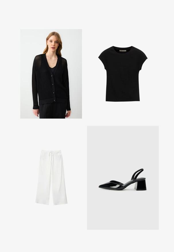 Frau mit hellbraunem Haar, die eine schwarze strukturierte Knopfmantel über einem schwarzen Oberteil trägt und vor einem schlichten hellen Hintergrund steht.; Schwarzes Kurzarm-T-Shirt aus weichem Stoff, mit Rundhalsausschnitt und lockerer Passform, glatter Textur und ohne Muster.; Weiße, weite Hosen aus weichem Stoff, mit einem Kordelzug in der Taille und zwei vorderen Taschen. Glatte Textur und keine sichtbaren Muster.; Schwarze Lackleder-Slingback-High Heels mit spitzem Schuh und einem geometrischen Blockabsatz. Verfügt über ein schlankes, minimalistisches Design und eine glatte Textur.