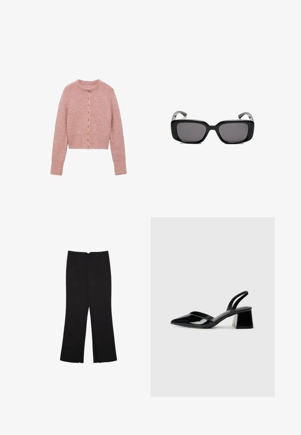 Mango Kardigan - pink; Bílý krátký rukáv tričko vyrobené z bavlny. Má kulatý výstřih a volný střih. Hladký materiál bez viditelných vzorů nebo akcentů.; Černé kalhoty s rovným střihem, s předními kapsami a bočními rozparky na lemu. Vyrobené z jemné, hladké tkaniny. Vhodné na různé příležitosti.; Černé lakované kožené lodičky na pásku s špičatou špičkou a geometrickým blokovým podpatkem. Vyznačují se elegantním, minimalistickým designem a hladkým povrchem.; Černé obdélníkové sluneční brýle s tmavými skly, hladkým plastovým rámem a zakřivenými stranicemi. Design je robustní s minimalistickou estetikou.