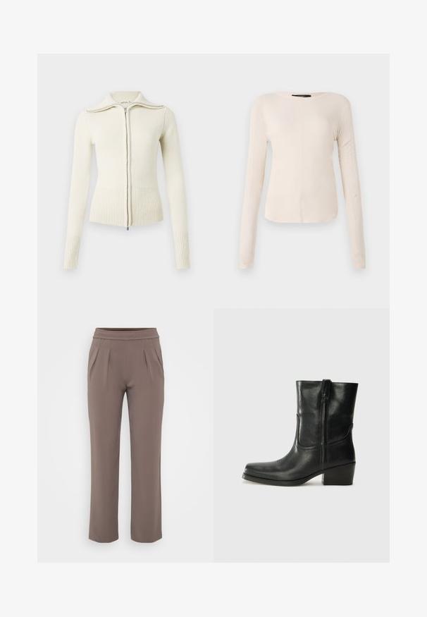 Pletený krémový sveter so zipsom vpredu, rebrovanými manžetami a lemom. Má vysoký golier a hladkú textúru. Jednoduchý, priliehavý strih.; Dlhý rukáv, svetlo béžový top s okrúhlym výstrihom. Vyrobený z mäkkej látky, má stredový šev a mierne zakrivený spodný okraj. Bez viditeľného hardvéru.; Taupe voľné nohavice s elastickým pásom a prednými skladmi, vyrobené z hladkej látky.; Čierne kožené členkové topánky s okrúhlou špičkou, blokovým podpätkom, bočným zipsom a prešívaním na priehlavku. Hladká textúra, klasický dizajn.