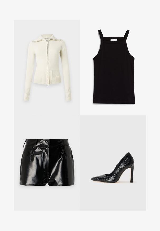Strikket cremefarvet sweater med lynlås foran, ribstrikkede manchetter og kant. Har en høj krave og en glat tekstur. Enkel, figursyet design.; Sort tanktop med tynde spaghetti-stropper, lavet af et ribbet stof, med en lige skæring og et mærke ved halsudskæringen, der står "IVY OAK."; Sorte, blanke shorts lavet af syntetisk materiale. Har en tætsiddende talje, bælteslaufer og forlommer med fremtrædende stikninger.; Sorte spidse tå stiletto-sko i krokodilleskind med et strømlinet design, høj hæl og glat sort inderside.