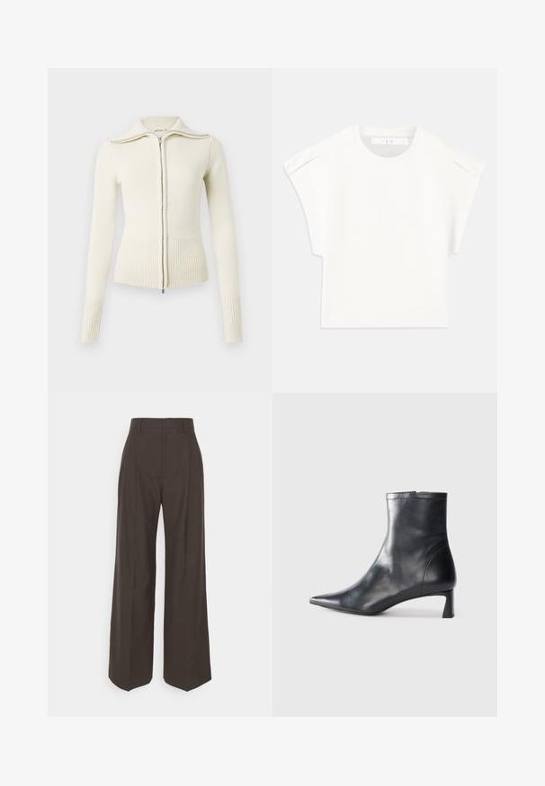 Pleteni krem pulover z zadrgo spredaj, rebrastimi manšetami in robom. Ima visok ovratnik in gladko teksturo. Preprost, oprijet dizajn.; Bela boxasta majica s kratkimi rokavi. Narejena iz gladkega materiala, z okroglo ovratnikom in diskretnimi poudarki na ramenih. Preprost dizajn.; Temno rjave široke hlače z visokim pasom, ki imajo lepo stisnjene gube, gladko teksturo in krojen fit.; Črne usnjene gležnjarje s šiljastim nosom in elegantnim dizajnom. Imajo nizko peto in zadrgo na zadnji strani. Gladka tekstura.