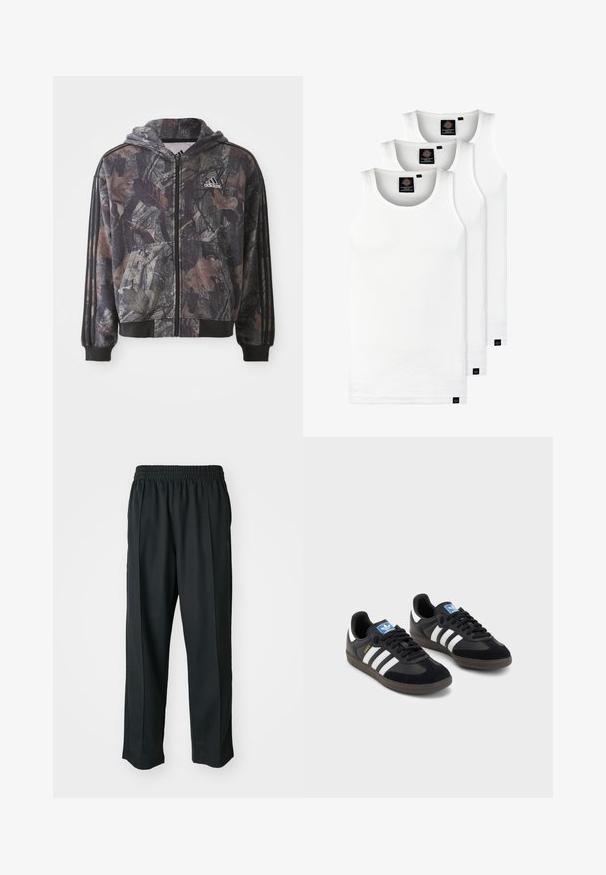 Casaco com capuz e fecho éclair, apresentando um padrão de camuflagem com detalhes em folhas castanhas e pretas, punhos pretos e três riscas pretas nas mangas.; Três tops em algodão de alças brancas com nervuras. Apresentam um decote redondo e pequenas etiquetas pretas perto da bainha. Disponíveis em vários tamanhos.; Calças atléticas pretas com um cós elástico, feitas de tecido suave, com costuras laterais discretas e um ajuste descontraído, design de perna reta.; Sneakers pretos com parte superior em camurça e sintético, apresentando três riscas brancas, sola de borracha texturizada e etiqueta azul no linguete.