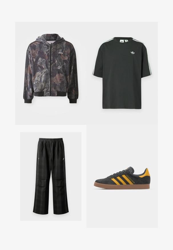 Kapitāna jakas ar kapuci, kurai ir kamuflāžas raksts ar brūniem un melniem lapu akcentiem, melnām aprocem un trim melnām strīpām uz piedurknēm.; Melna kokvilnas T-krekls ar īsām piedurknēm, apaļu kakla izgriezumu un baltām trim svītrām uz pleciem. Uz krūtīm neliels balts logo.; Melnas kvadrātveida bikses ar elastīgu jostu, divām priekšējām kabatām un brīvu piegriezumu ar taisnām kājām. Izgatavotas no viegla materiāla.; Melnas zamšādas kedas ar dzelteniem akcentiem, kurām ir trīs svītras un brūna gumijas zole. Iekļauta mīksta valkāšanas tongue komfortam.