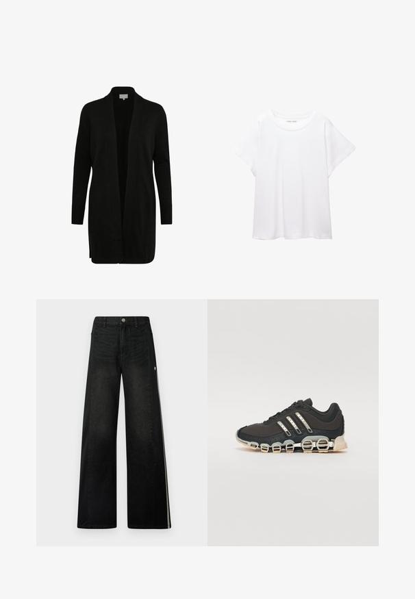 Zwarte cardigan met open voorkant, lange mouwen, geribbelde manchetten en een gladde textuur. Eenvoudig ontwerp zonder zichtbare patronen of accenten.; Witte T-shirt van zacht, lichtgewicht stof. Heeft een ronde halslijn en korte, brede mouwen met een ontspannen pasvorm. Geen zichtbare patronen.; Wijde zwarte jeans met contrasterende zwarte zijpanelen. Beschikt over een klassieke denimstructuur, zilveren knoopsluiting en witte accentstrepen.; Zwarte sportschoen met een gestructureerde bovenkant, drie zilveren strepen en een kenmerkende dempingszool met meerdere geïntegreerde secties.