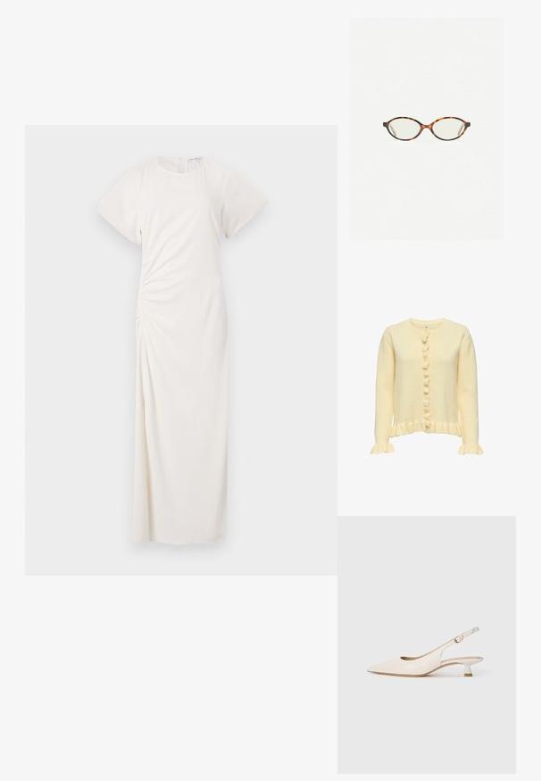 Cardigan giallo lavorato a maglia con scollatura tonda, orlo a coste, polsini arricciati e chiusura a bottoni con bottoni decorativi lungo la parte frontale.; Abito bianco con maniche corte, scollatura rotonda e dettaglio arricciato ai lati; tessuto liscio con silhouette lunga fino a terra.; Scarpa slingback a punta color crema con tacco kitten basso e fibbia dorata su sfondo bianco puro.; Occhiali in tartaruga con lenti ovali e una finitura liscia e elegante. Presentano aste sottili con una leggera curva alle tempie. Lenti trasparenti.