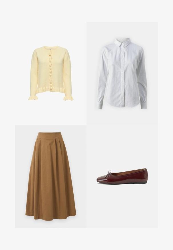 Rumena pletena jakna z okroglim izrezom, rebrastim robom, gubastimi manšetami in zapiranjem na gumb z dekorativnimi gumbi vzdolž spredaj.; Bela srajca z gumbki, narejena iz gladkega bombaža, s klasičnim ovratnikom, dolgimi rokavi in ukrivljenim robom. Gumbi so majhni in beli.; Rjava bombažna A-linijska krila z visokim pasom, ki vključuje naborke spredaj in gladko teksturo. Robovi so čisti in preprosti.; Burgundska patenti usnjeni baletni čevlji z zaobljenim prstom, majhnim lokom na sprednji strani in nizkim črnim gumijastim podplatom. Gladka tekstura.