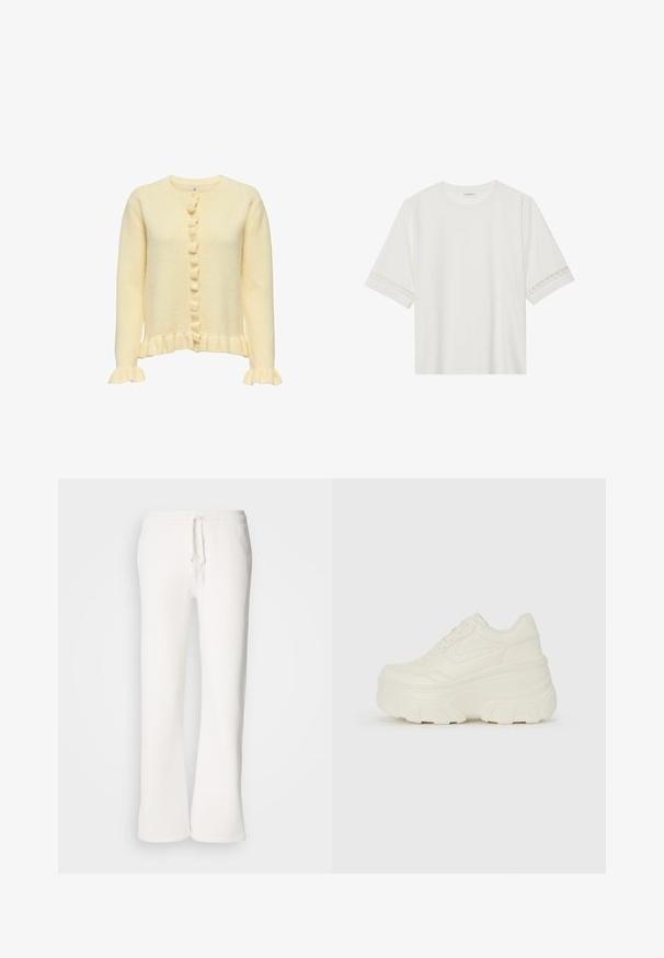 Gelbes gestricktes Cardigan mit rundem Halsausschnitt, geripptem Saum, Rüsche an den Ärmelbündchen und einer Knopfverschluss mit dekorativen Knöpfen entlang der Vorderseite.; Weißes T-Shirt mit kurzen Ärmeln aus Baumwolle, mit dekorativem Spitzenbesatz entlang der Ärmel und einem runden Ausschnitt.; Weiße, locker sitzende Schlafanzughosen aus weichem Material, mit einem elastischen Bund und Kordelzug sowie geradem Bein.; Weiße Platform Sneakers mit einem glatten, lederähnlichen Obermaterial, abgerundeter Form, gepolstertem Kragen und strukturierten Gummisohlen mit ausgeprägten Stollen.