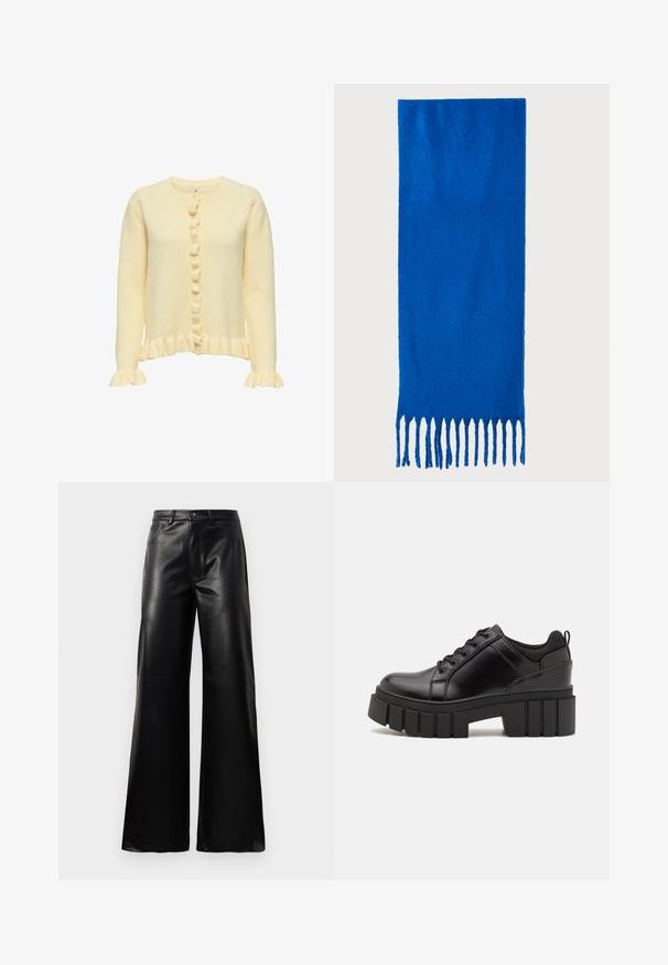 Yellow knitted cardigan with a round neckline, ribbed hem, ruffled cuffs, and a button closure featuring decorative buttons down the front.; Light gray long-sleeve t-shirt made of soft cotton. Features a loose fit, round neckline, and gently gathered cuffs. No patterns or graphics.; Black high-waist wide-leg faux leather pants with front button, zip closure, belt loops, and side pockets on white background.; Black leather platform shoes with a chunky block heel, round toe, and traditional lace-up design. Features smooth texture and minimal detailing.; Blue fringed scarf made of soft fabric; features a solid color with a textured surface and evenly cut fringe at the bottom.