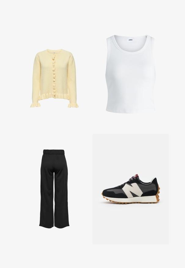 Žlutý pletený cardigan s kulatým výstřihem, ribbovaným lemem, volánkovými manžetami a zapínáním na knoflíky se zdobnými knoflíky vpředu.; Bílý žebrovaný top na ramínka se kulatým výstřihem, bez rukávů a zkrácenou délkou. Název značky je "JJXX." Hladká struktura látky.; Černé široké kalhoty s elastickým pasem, vyrobené z hladkého materiálu. Disponují čistým designem bez kapes nebo viditelných švů.; Černé a šedé semišové tenisky s velkým krémovým logem "N", fialovými tkaničkami a strukturovanou gumovou podrážkou.