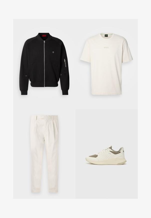 Must mustri bumbersaadiga, millel on ribitud krae, küljetaskud ja lukutasku varrukal. Rinnas on logopatch ja sellel on sile tekstuur.; BOSS TEE - Lihtne T-särk - open white; Valged volditud püksid, mis on kohandatud sobivusega, sujuva tekstuuriga, vööloopidega ja kitsenevate jalgadega. Pole nähtavaid taskuid ega mustreid.; Valge ja heledat beeži värvi spordijalats, millel on õhuke võrkmaterjal, perforatsioonidega detailid ning tekstuuriga vahetald, millel on brändi logo kannaosas.