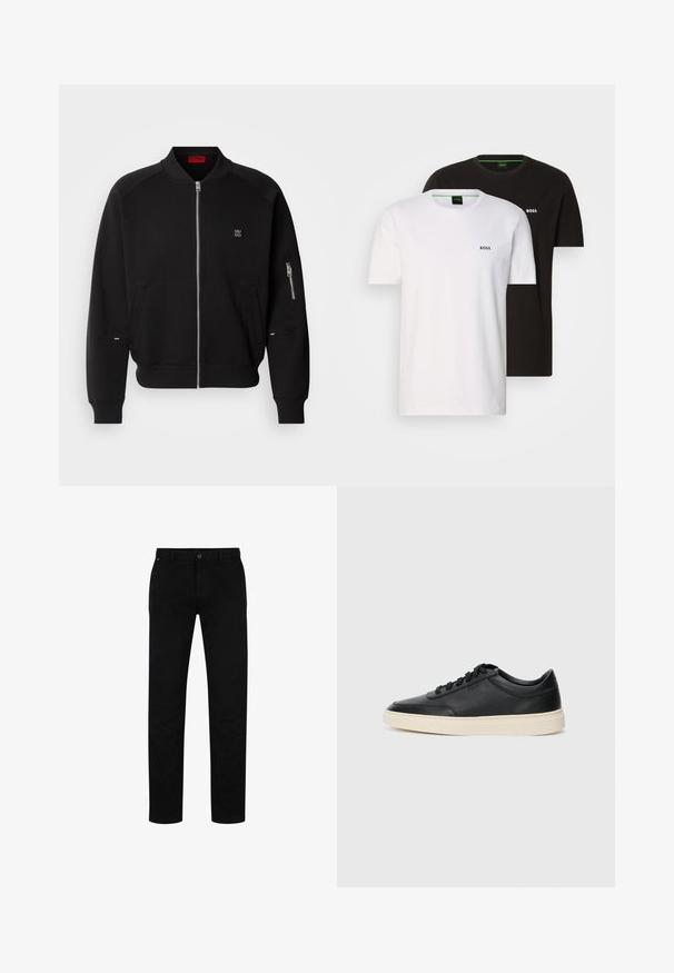 Juodas zip-up bomberiai su raišteliu, šoninėmis kišenėmis ir užtrauktuko kišene ant rankovės. Savybės: logotipo pleistras ant krūtinės ir lygus paviršius.; Dvi medvilnės marškinėliai juodos ir baltos spalvos, su apvalia iškirpte ir mažais logotipais ant krūtinės. Abu marškiniai turi trumpas rankoves ir tiesų pjūvį.; Juodi medvilniniai keliai su tiesiu siluetu, su mygtuko užsegimu, diržo kilpomis ir minimalistiniu dizainu. Lygus paviršius, be raštų.; Juoda žema viršutinė odinė sportbačiai su juodais raišteliais ir kreminiu padu, pateikti šoniniame profilyje ant baltos fono.