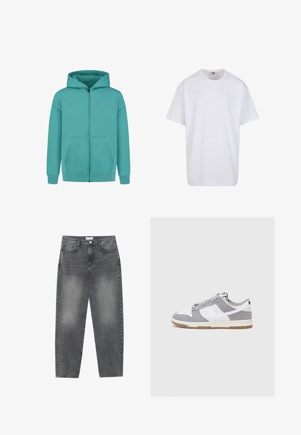 Tyrkysová mikina na zip vyrobená z měkké látky, se zapínáním na přední části, dvěma předními kapsami a žebrovanými manžetami a lemem.; Bílé triko z bavlny s krátkým rukávem, kulatým výstřihem, volným střihem a bez viditelných log či vzorů. Hladká textura a minimalistický design.; Kalhoty s vysokým pasem, volného střihu, vyrobené z vybledlého černého denimu. Mají pět kapes, poutka na opasek a čistý, rovný střih nohavic.; Šedé a bílé tenisky s svrškem z jemné kůže a kůže, kulatou špičkou, plochými tkaničkami a gumovou podrážkou s akcentem v barvě gumy.