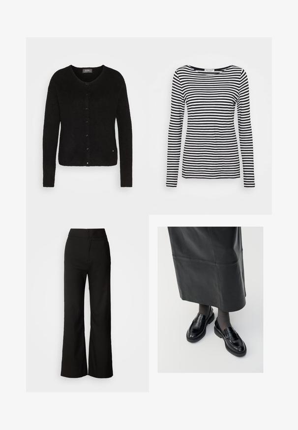 Mos Mosh ALMINE czarny; Koszula z długim rękawem, okrągłym dekoltem, z czarno-białym paskowanym wzorem. Wykonana z miękkiego materiału, o regularnym kroju. Czysty, minimalistyczny design.; Czarne spodnie z szerokimi nogawkami o gładkiej fakturze, wysokim stanie i minimalistycznym designie. Brak widocznych kieszeni i zdobień.; Czarne skórzane mokasyny o gładkim wykończeniu, z ozdobnym paskiem, okrągłym noskiem i teksturowaną podeszwą. Noszone z długą czarną skórzaną spódnicą.