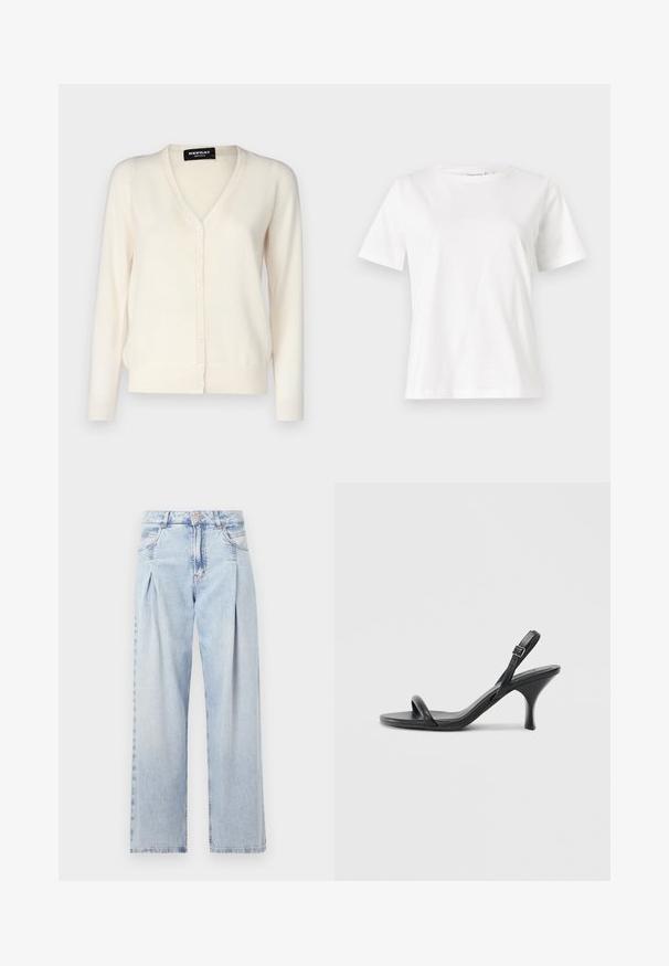 Hellbeige Strickjacke aus weichem Strickstoff, mit V-Ausschnitt, Knopfschluss mit sechs Knöpfen und langen Ärmeln.; Weißes Baumwoll-T-Shirt mit kurzen Ärmeln, Rundhalsausschnitt und lockerer Passform. Glatte Textur, keine Muster oder Akzente, minimalistisches Design.; Helle blaue Denim-Jeans mit hoher Taille, weitem Beinschnitt, zwei seitlichen Taschen und gefaltetem Design. Weiche Textur mit einem ausgebleichten Finish.; Schwarze Leder-Sandalen mit hohen Absätzen, schlankem, gebogenem Absatz und gekreuztem Riemendesign. Verstellbarer Knöchelriemen. Glatte Textur.