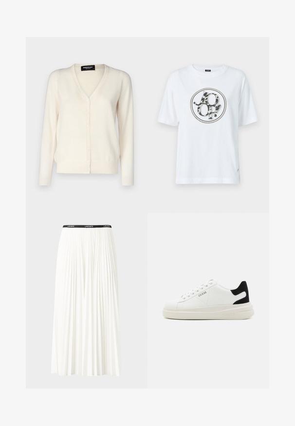 Lichtbeige cardigan van zacht gebreid stof, met een V-hals, knoopsluiting met zes knopen en lange mouwen.; Witte katoenen t-shirt met een ronde grafische logo in een zwart en grijs dierenprint ontwerp. Korte mouwen en een relaxte fit.; Plisséminirok in het wit met een zwarte elastische tailleband met het "LACOSTE"-logo. Middellange ontwerp met een zachte textuur.; Witte leren sneakers met een dikke witte zool, zwarte suède hielaccent en een geperst logo op de zijkant. Vetersluiting met zes oogjes.