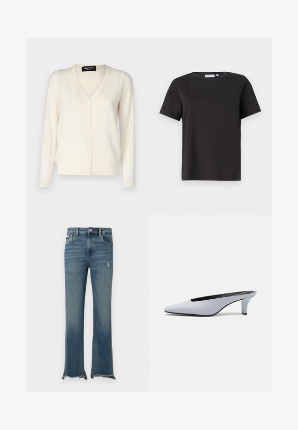 Hellbeige Strickjacke aus weichem Strickstoff, mit V-Ausschnitt, Knopfschluss mit sechs Knöpfen und langen Ärmeln.; Schwarzes Baumwoll-T-Shirt mit kurzen Ärmeln, Rundhalsausschnitt und einem einfachen, klaren Design. Keine sichtbaren Muster oder Verzierungen.; Blaue Jeans aus Denim mit leichter Used-Optik, rohen, ausgefransten Säumen, Fronttaschen, Gürtelschlaufen und Knopfverschluss.; Helles blaues Lackleder-Mule mit spitzem Zehenbereich, niedrigem transparentem Absatz und einem eleganten Design, das einen Ausschnitt im Vorderblatt aufweist.
