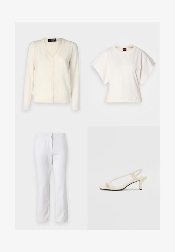 Gaišbeige krēklvīrs, izgatavots no mīksta adīšanas auduma, ar V-veida kakla izgriezumu, pogu aizdari ar sešām pogām un garām piedurknēm.; Balts īsais T-krekls, plašas īsas piedurknes, mīksts kokvilnas materiāls, apaļa kakla izgriezums ar delikātu oranžu apdari, minimāls dizains, bez rakstiem vai grafikām.; Baltas kokvilnas bikses ar taisnu kāju dizainu, ar vidēju augstumu un bez redzamām detaļām vai rakstiem. Visā virsmā ir gluda tekstūra.; Beige bloku papēžu sandales ar plānām siksnām un kvadrāta formas purngalu. Gluda materiāla virsma ar minimālām detaļām, paredzētas ērtai nēsāšanai.