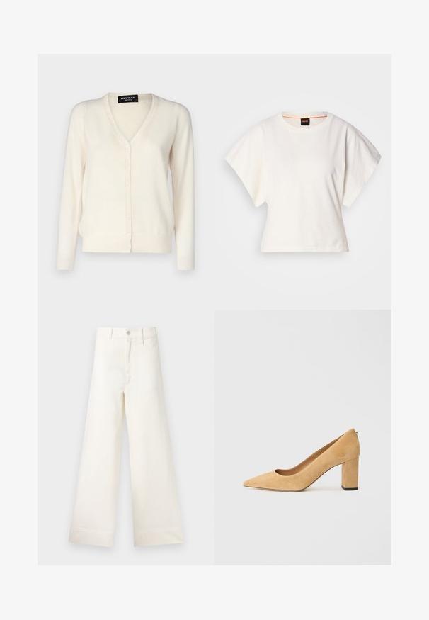Gilet beige clair en tricot doux, avec un col en V, une fermeture à boutons avec six boutons et des manches longues.; T-shirt blanc cintré, manches courtes et larges, en coton doux, décolleté rond avec une discrète bordure orange, design minimaliste, sans motifs ni graphiques.; Pantalons large en coton beige clair. Dotés d'une taille haute, de poches latérales et d'une coupe droite. Finition ourlet propre sans motifs.; Pumps à talons hauts en daim beige avec un bout pointu et un talon large. Le matériau a une texture douce avec une finition lisse.