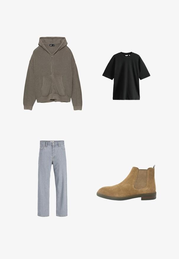 Olívazöld, bordás kötésű, kapucnis, cipzáras pulóver, elülső zsebekkel, textúrált anyaggal, és szegélyezett aljjal és mandzsettákkal.; Fekete, rövid ujjú pamut póló, kerek nyakkal és laza fazonnal, puha tapintással és minimális részletezéssel.; Világoskék farmernadrág, laza szabású, egyenes lábú kialakítással, látható varrással, két elülső zsebbel és gombos záródással.; Karamell színű velúr Chelsea csizma, oldalán elasztikus panelekkel, kerek orral és húzófüllel; strapabíró gumitalp és texturált szövet díszítések.